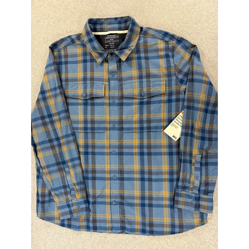 NWT REI 100% Cotton Plaid Long Sleeve Button Down Shirt (Men's 2XL) Blue
